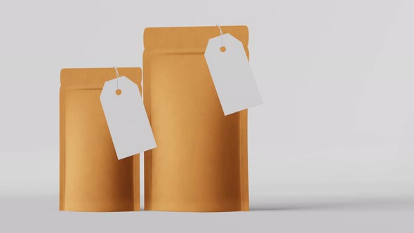Pouch bag branding template price tag mockup white background 3D animation. Merchandise packaging 4K