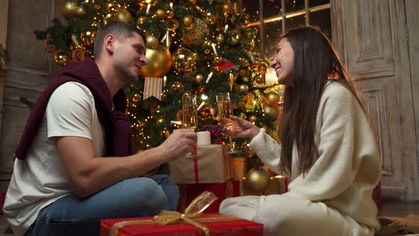 Couple in Love Makes a Toast with Glasses of Champagne Sitting at Home on the Floor By the Christmas