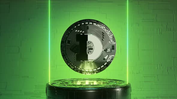 Rotating Dogecoin in a Futuristic Future Room with Neon Lighting