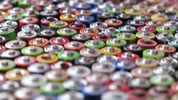 Close Up Top View of Rows of AA Energy Batteries Abstract Background of Colorful Batteries