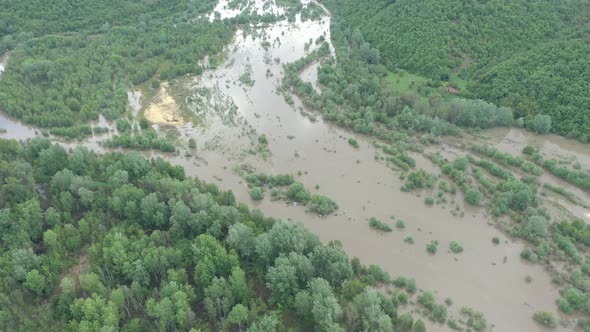 Flooding in the forest after heavy rain 4K aerial video