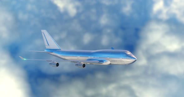Large Passenger Airplane with Navigation Lights Flying in Clouds alt