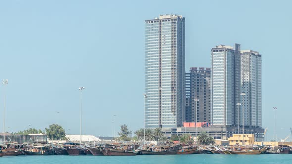 Traditional Wooden Fishing Dhows Berthed in the Dhow Harbour in Abu Dhabi Timelapse