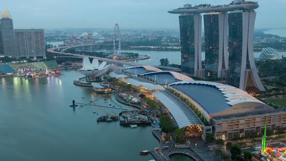 From Day To Night Singapore Cityscape Sunset . Pan Up