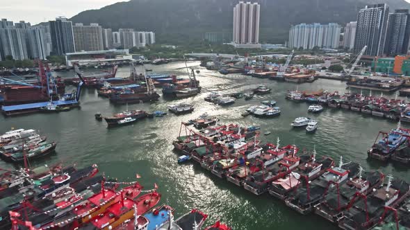 Vessel industrial port in Tuen Mun, Hong Kong. Aerial drone view