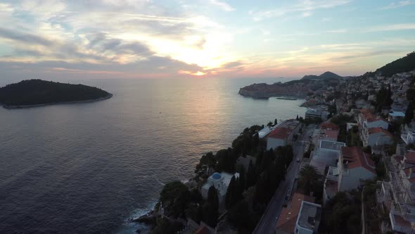 Aerial of Dubrovnik and the sea in the evening