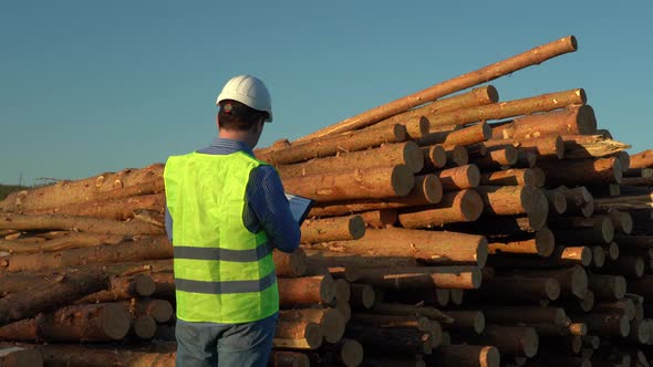 An Inspector in a White Helmet Examines a Pile of Felled Trees