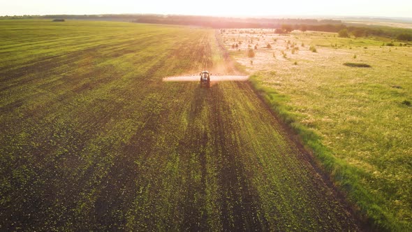 Aerial View of Farming Tractor Spraying on Field with Sprayer Herbicides and Pesticides at Sunset