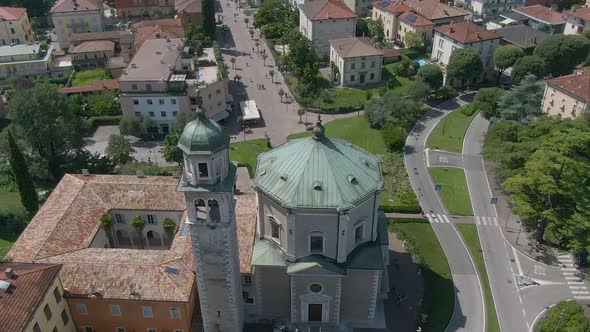 Beautiful drone view of a church in the center of Riva Del Garda, a small city in the region of Tren