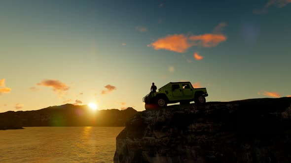 Man Watching Cliff Landscape with Yellow Off-Road