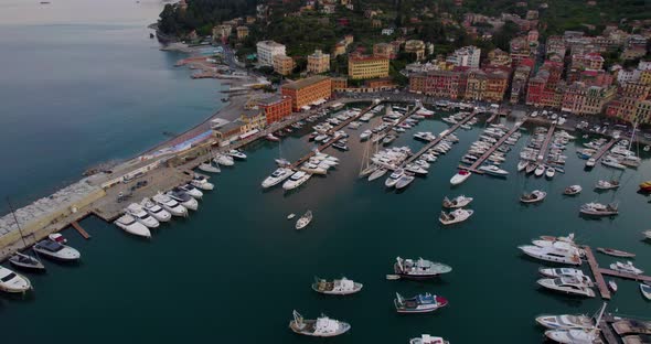 Pleasure boats and yachts moored in marina, Santa Margherita Ligure; aerial arc