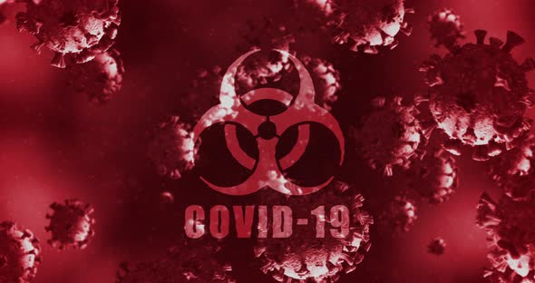 Animation of a word Covid-19 with a health hazard sign over Coronavirus cells floating in a liquid 4