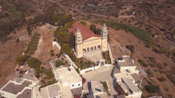 Aerial Drone Shot Pulling Up Revealing the Architecture of the Agricultural Village of Lefkes Greece