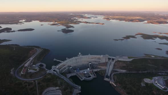 Portuguese Hydroelectric Power Station on the Dam of the Alqueva Lake River Aerial View