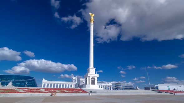 View of the Kazakh Eli Monument Timelapse Hyperlapse on Independence Square in Astana the Capital of