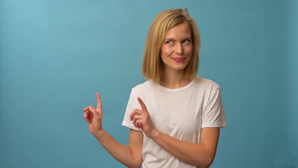 Model with Hand Gesture Pointing to the Left