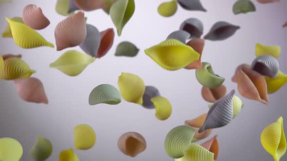 Colored Pasta Conchiglie is Flying Up on a White Background