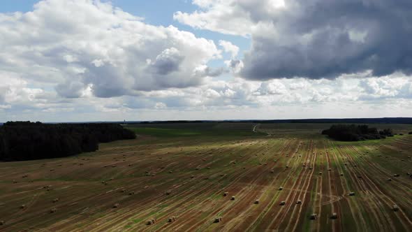 Flying Over Haystacks Round Field Hay Aerial View Beatiful Landscape