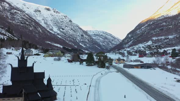 Borgund valley close to Laerdal Norway - Upwarding aerial close to stave churc revealing panoramic v