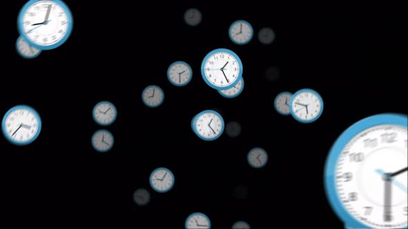 Clock time lapse and moving fast animation, Different clocks rotating, spinning, turning together.