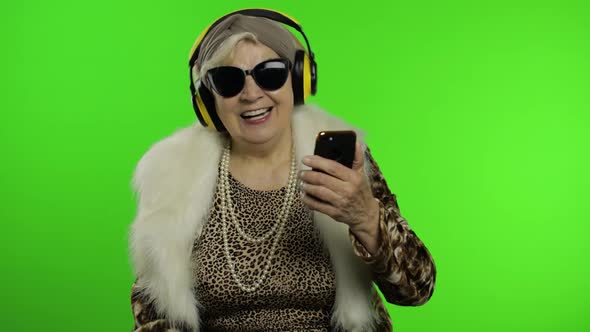 Elderly Caucasian Grandmother Woman, Dance, Celebrate, Listen Music, Chroma Key