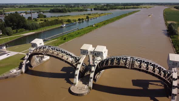 Lock and weir In Dutch River Lek Called Sluice Hagestein, aerial