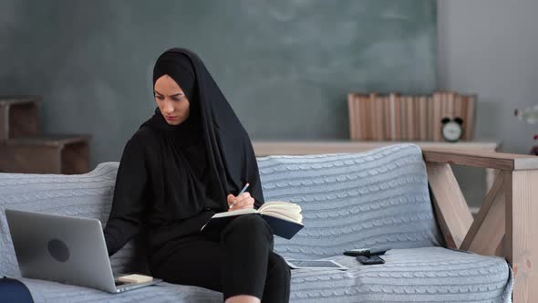 Modern Islamic Feminine Working Studying Remote Use Laptop