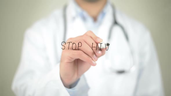 Stop HIV, Doctor Writing on Transparent Screen