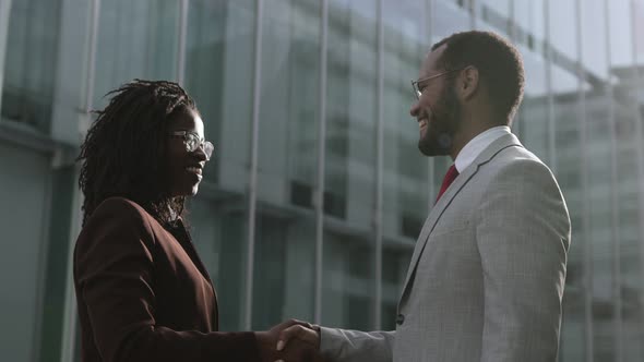 Smiling Colleagues Shaking Hands and Talking