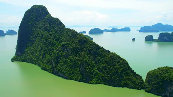 Aerial view from a drone over many islands at Phang Nga Bay