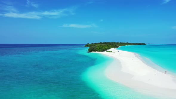 Luxury flying copy space shot of a summer white paradise sand beach and aqua blue ocean background i