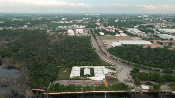 Flying over a flooded sports complex in Yucatan