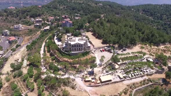 Orbit Shot Of Old Historical Hightower Castle In Panoramic aerial Daytime, Baissour, Lebanon