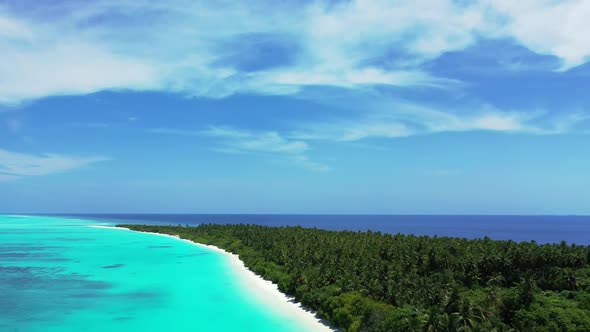 Aerial drone nature of relaxing resort beach wildlife by blue green sea and white sand background of