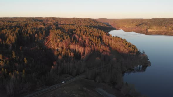 White Car Driving in Road Next to Vast Forest and Lake Aerial