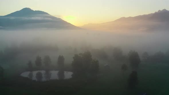 Drone Over Misty Landscape Of Zell Am See At Dawn