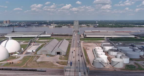 Aerial of cars driving over the Horace Wilkinson Bridge in Baton Rouge, Louisiana