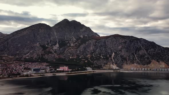 Drone View of Egirdir Lake in Isparta Town in Turkey with High Mountain Ridge on the Shore