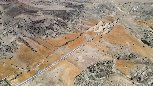 The drone's flight is very high above the fields of gold, the green edges of the road along which ca