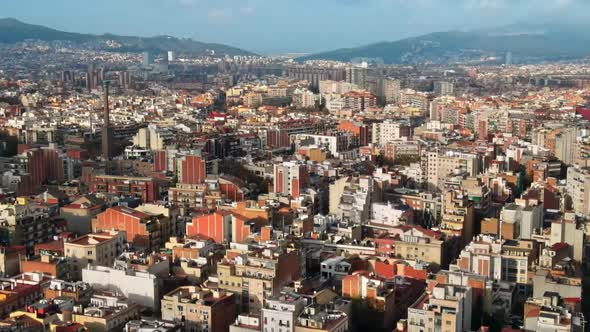 Aerial drone view of Barcelona, Spain. Blocks with multiple residential buildings