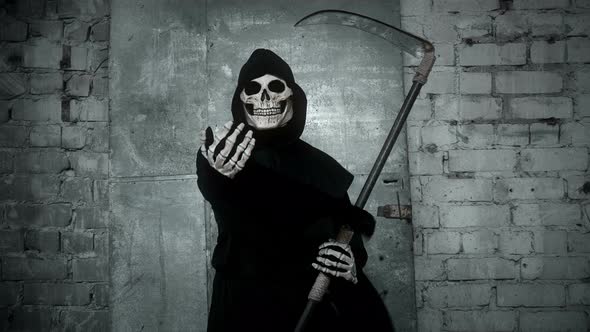 Death with a Scythe Waving His Hand, Inviting To Go with Her