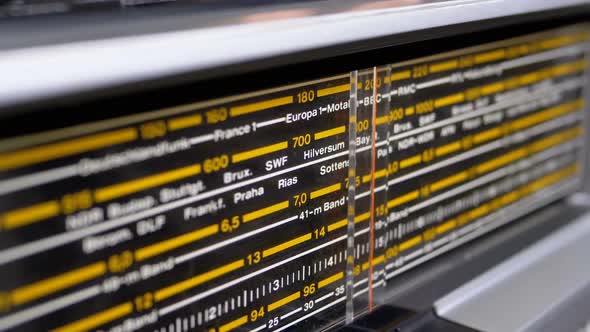 Tuning Analog Scale of the Retro Radio with the Names of Cities, Radio Stations and Frequency