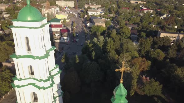 Aerail view to Cathedral Nativity Blessed Virgin in Kozelets, Chernihiv region, Ukraine