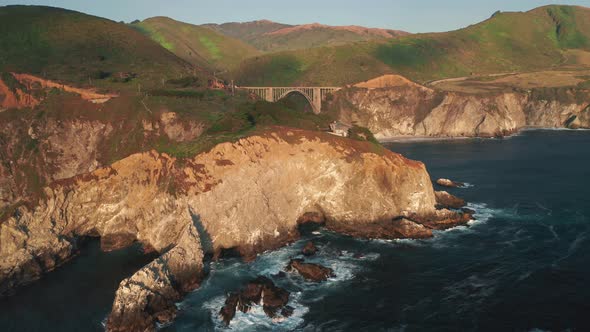 Cinematic Sunset Light Hitting the Scenic Nature of Ocean Shore. Panoramic View 