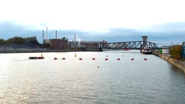 Train bridge and buoys in the river Schelde in Antwerp Belgium