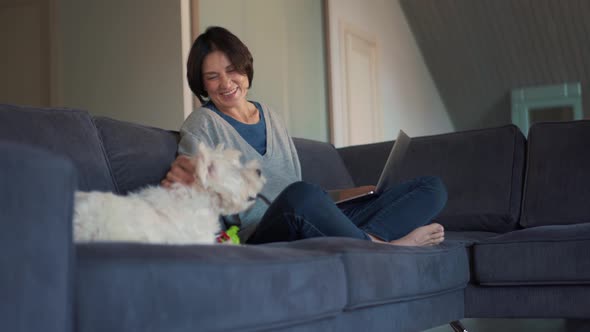 Mature woman working on laptop and stroking dog