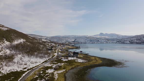 Aerial view of scenic ocean drive in Daafjord, Ringvassoya, Norway