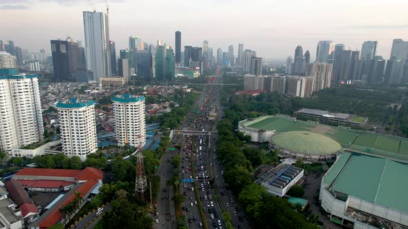 Aerial view of Jakarta highway traffic along Jendral Sudirman road