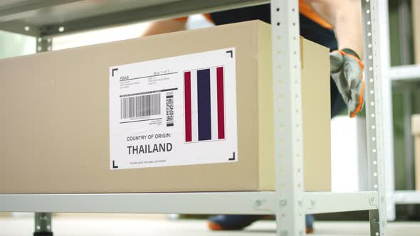 Worker Takes Away a Carton with Goods From Thailand on the Shelf