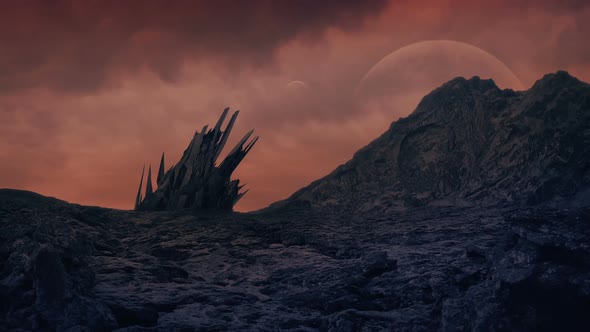 Scifi Landscape With Strange Alien Vessel And Huge Planets In The Sky
